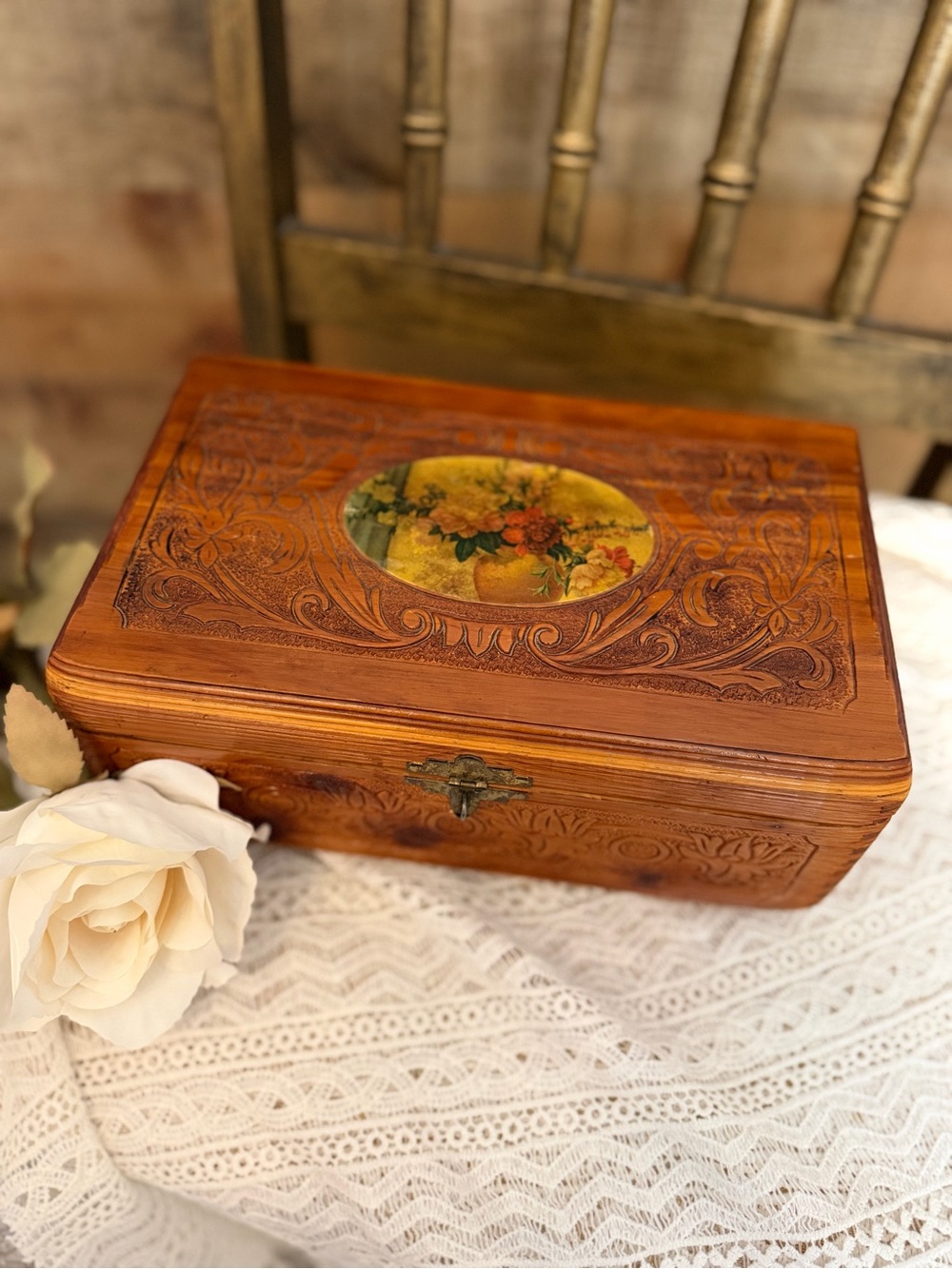 Antique Hand Carved Wooden Floral Inlay Jewelry Box Mirror Inside Vintage